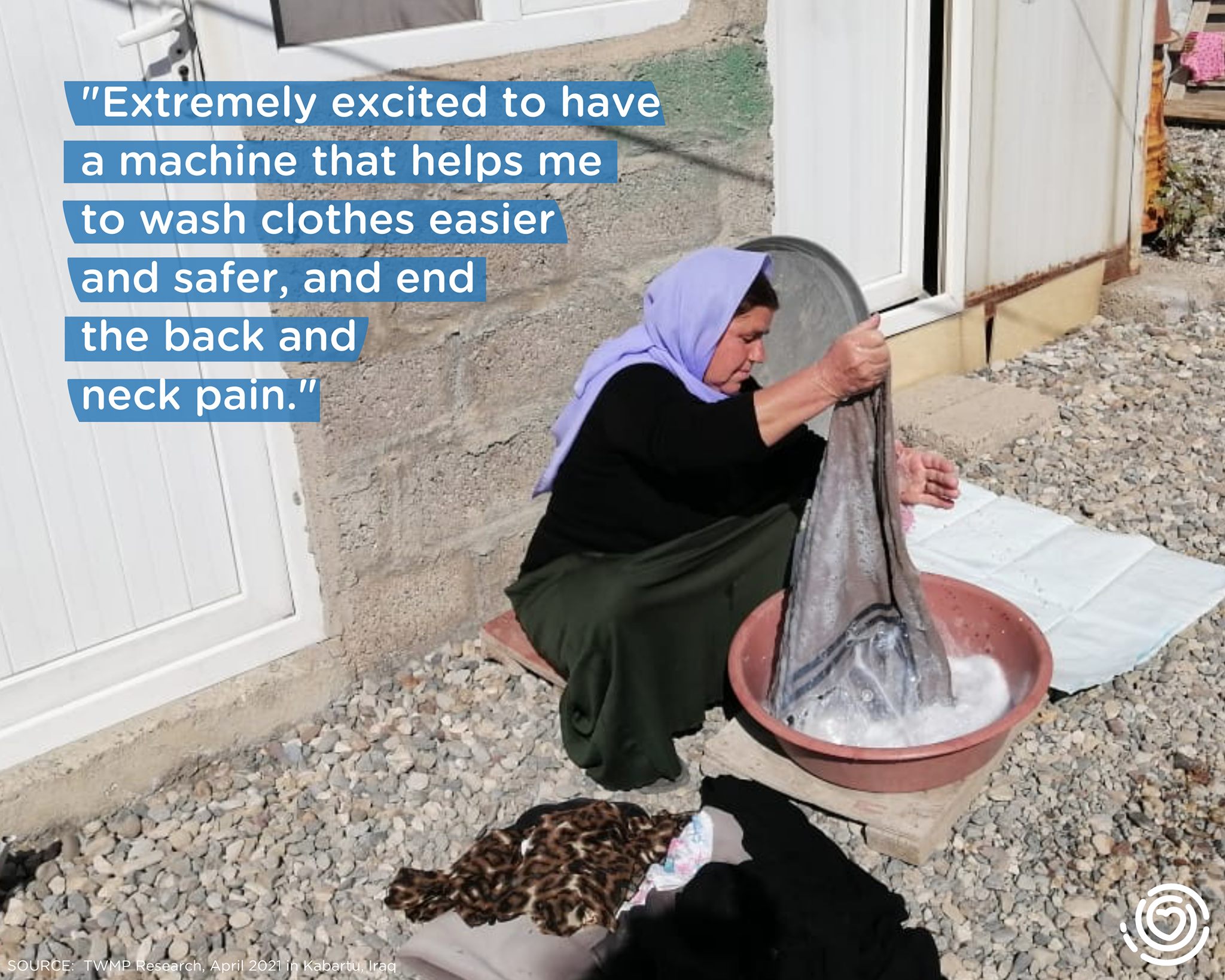 Azza haǵi Aleas is 49 years old and lives in a household of 10 with no access to an electric washing machine. The responsibility of handwashing everyone's clothes falls to her. She spends 8-12 hours every week on the task and describes how the required body position of squatting and sitting on her feet causes her back pain, numbness, and joint pain.