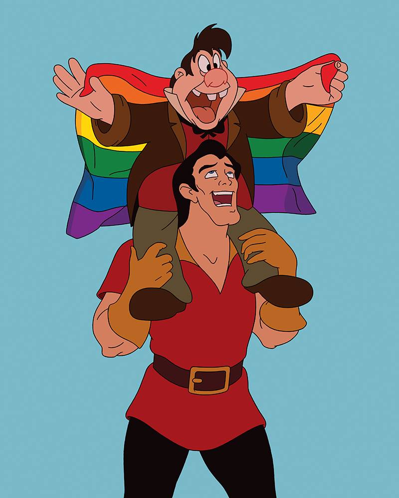 Tom explains that though he likes each piece for different reasons, he loves the ‘joy in Gaston and LeFou at gay pride’, where LaFou is seen holding an LGBT flag above his head as he sits on Gaston’s shoulders.