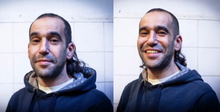 A before and after photo of one of the man who was the first one to get a haircut from Taylor Jardine.