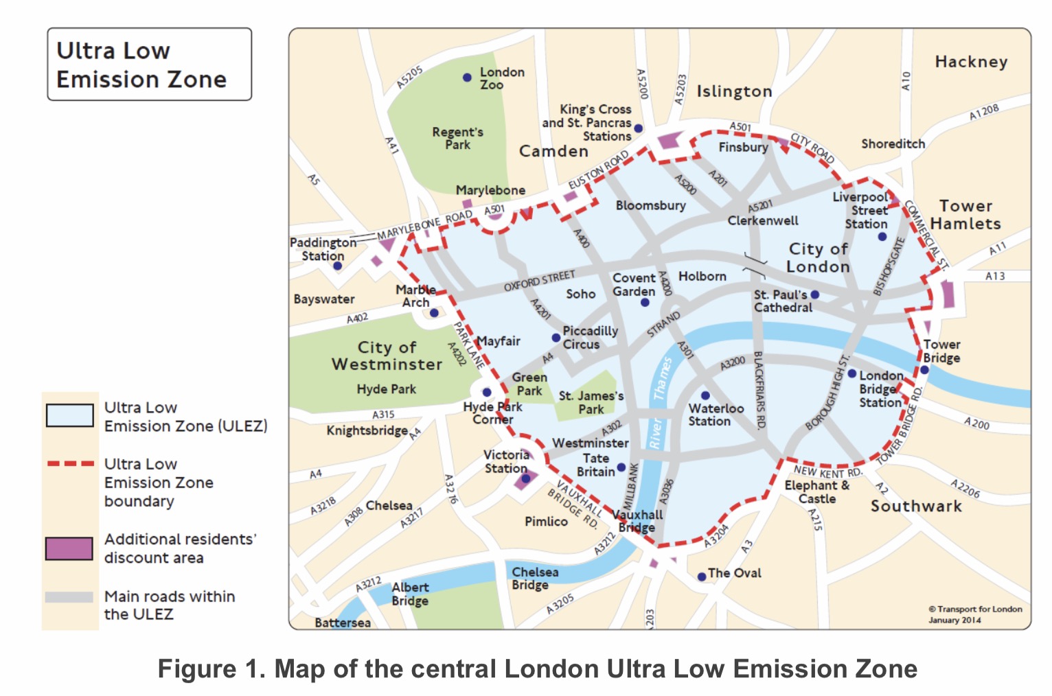 The Central London ULEZ started on 8 April 2019 and operates in the existing Central London Congestion Charge Zone. Figure 1 is a map of the area covered by the central ULEZ. Unlike the congestion charge (which operates Monday to Friday between 07:00 and 16:00 hours) the ULEZ operates 24 hours a day, every day of the year. Vehicles must meet strict emission standards to drive in the ULEZ area.
