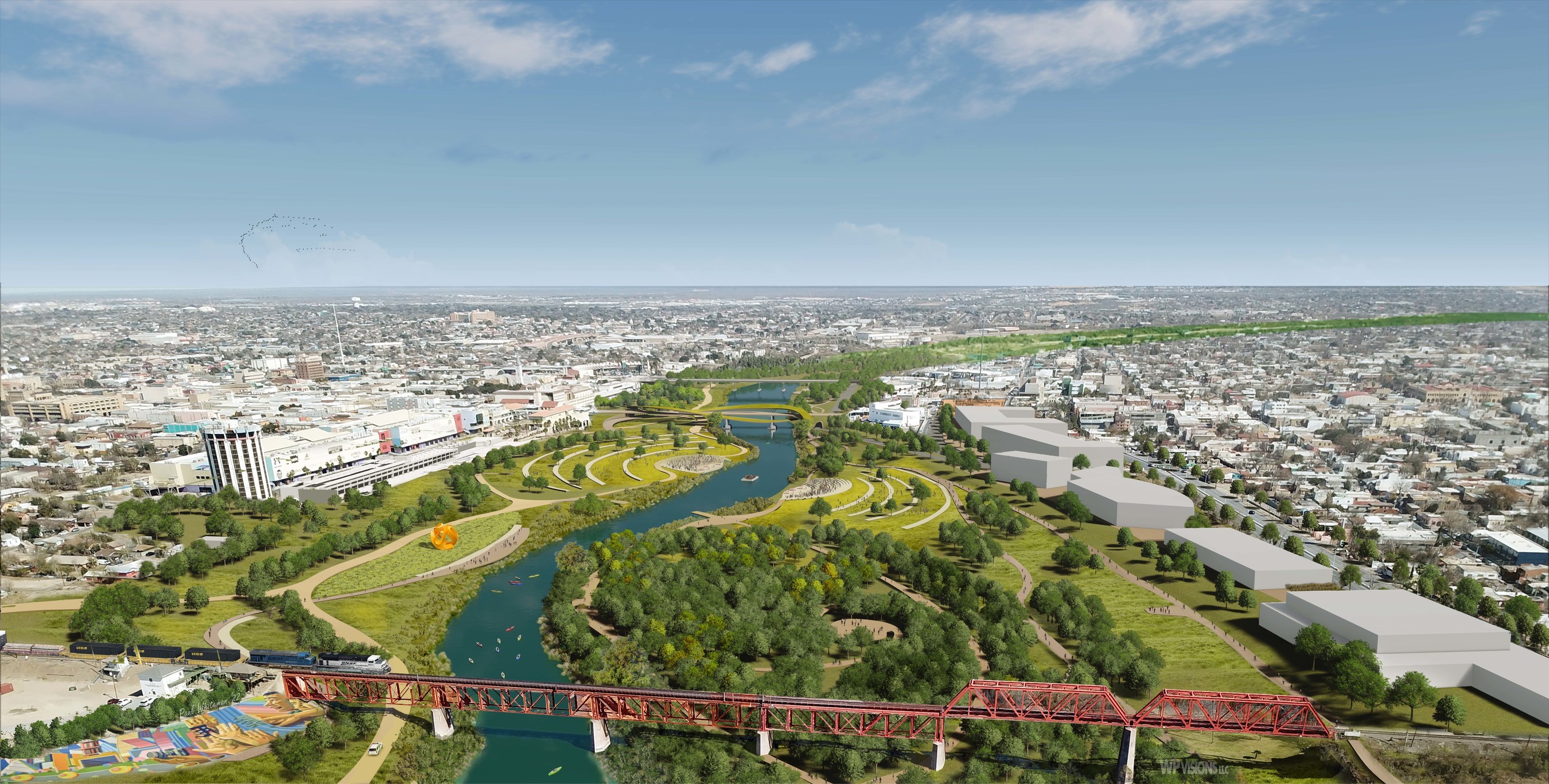 Overland Partners with local associate Able City, were unanimously chosen by Laredo City Council and members of the Binational Working Group, a public-private consortium, to conceptualise this binational river park project.  Courtesy of Overland Partners Architects.