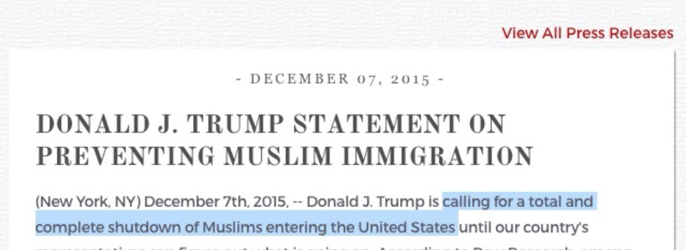 Aquí, el comunicado de prensa en el que dice que quiere cerrar los EE.UU. para los musulmanes.
