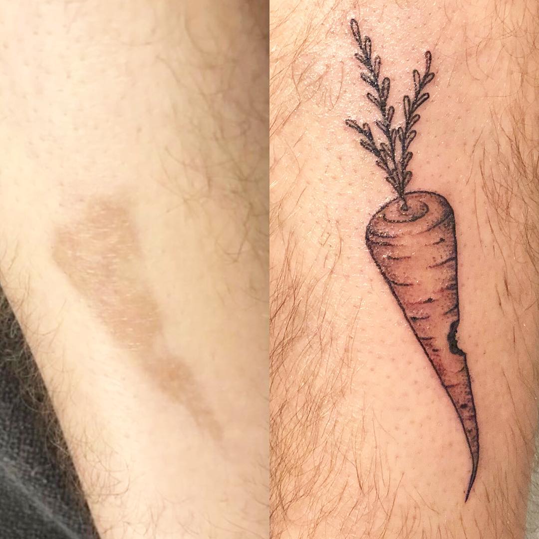 If you like carrots, then here is a tattoo for you. The scar looks just like a carrot, so, it would stand to reason that the tattoo artists would turn it into the real deal.