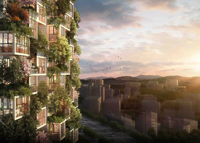 El proyecto consta de cinco torres, dos de las cuales son residenciales y están diseñadas como bosques verticales capaces de proporcionar una nueva experiencia de vida a la zona urbana y natural circundante. Imágenes del concepto del estudio RAW VISION para Stefano Boeri Architetti, vía Designboom.