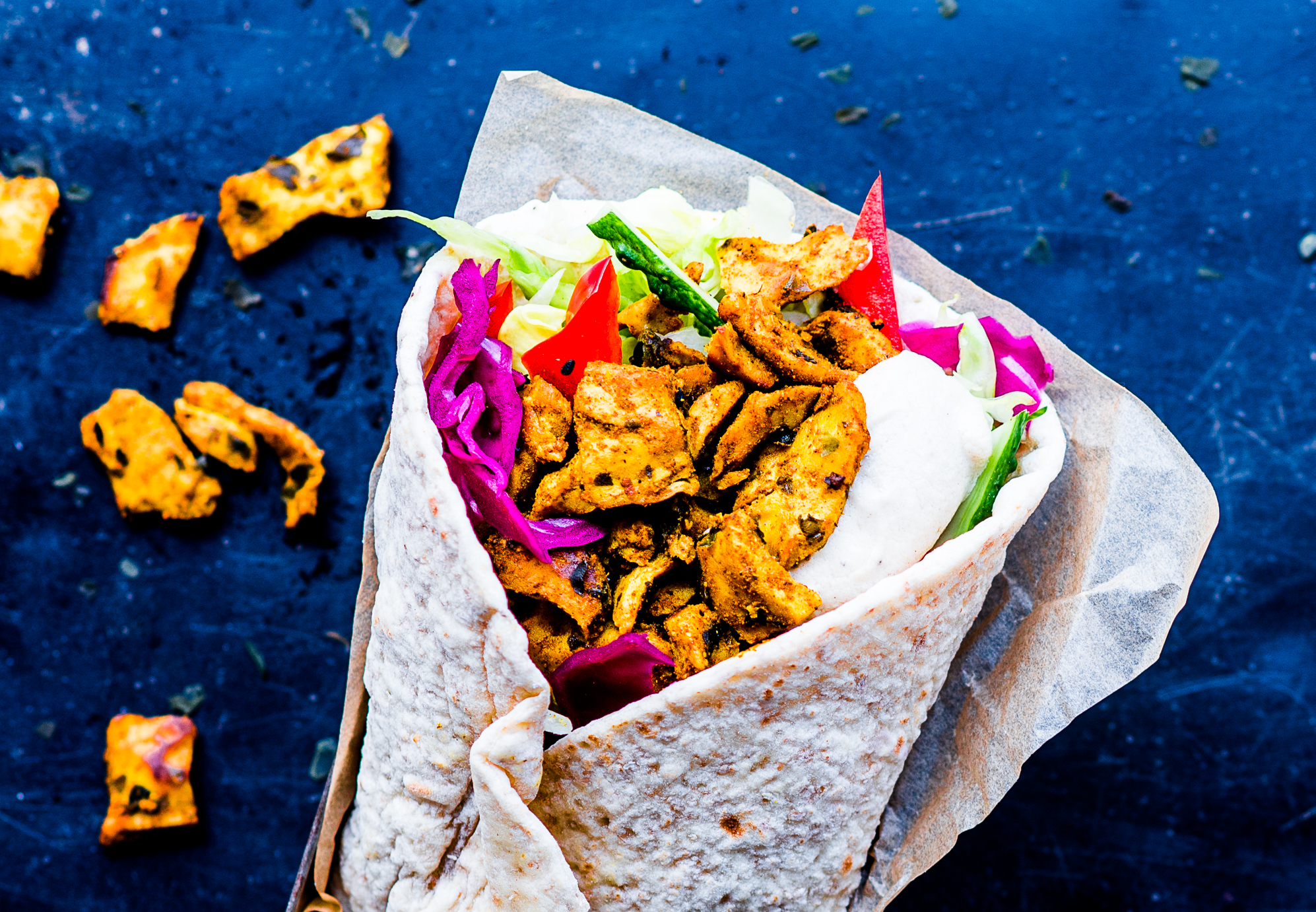 Shawarma from the sea! With flatbread and delicious (vegan!) sauce.