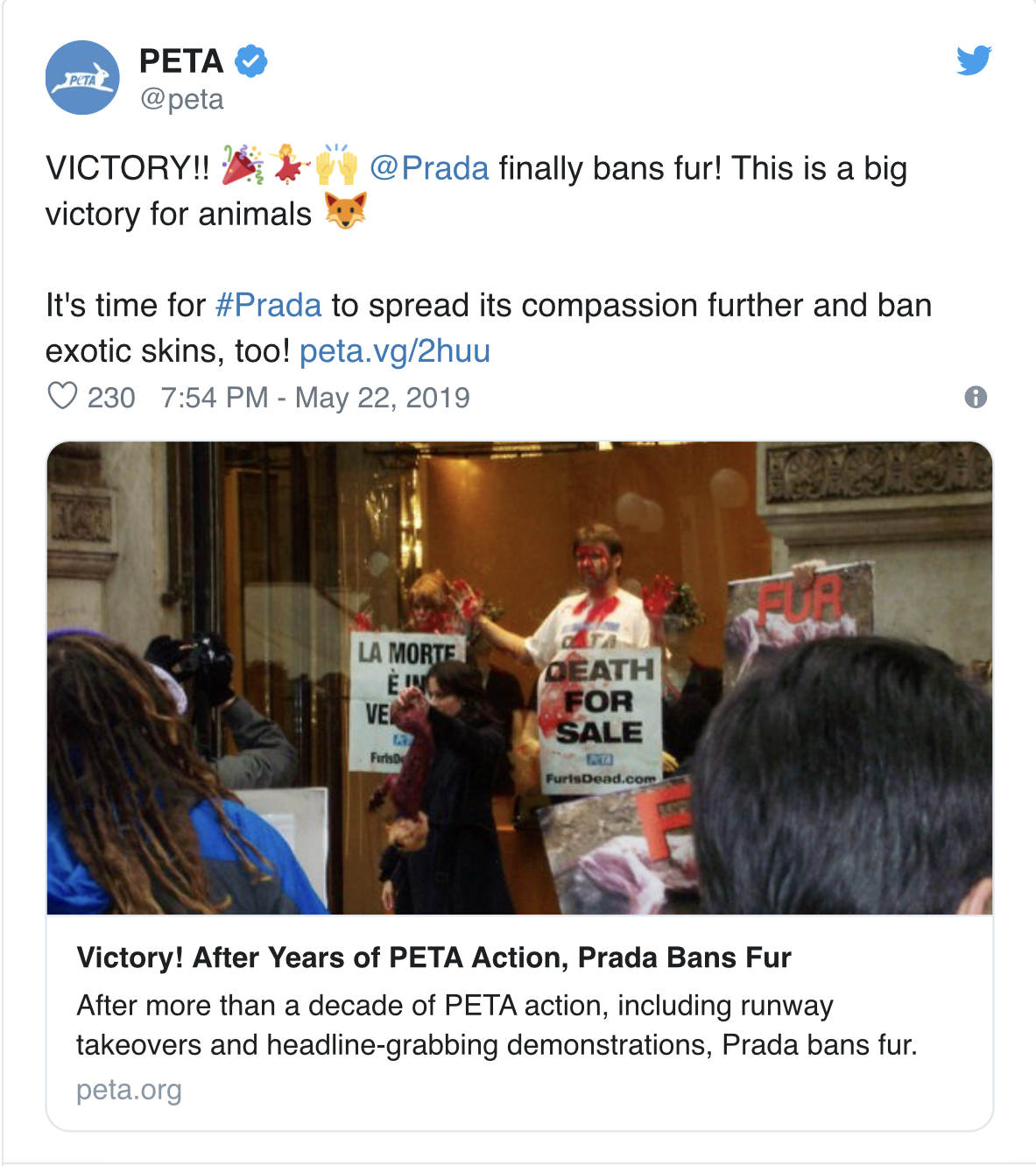 PETA purchased the minimum amount of stock in the company required to propose shareholder resolutions to ban exotic skins. Most shoppers no longer wish to wear the skin of any animal who was electrocuted or bludgeoned to death.