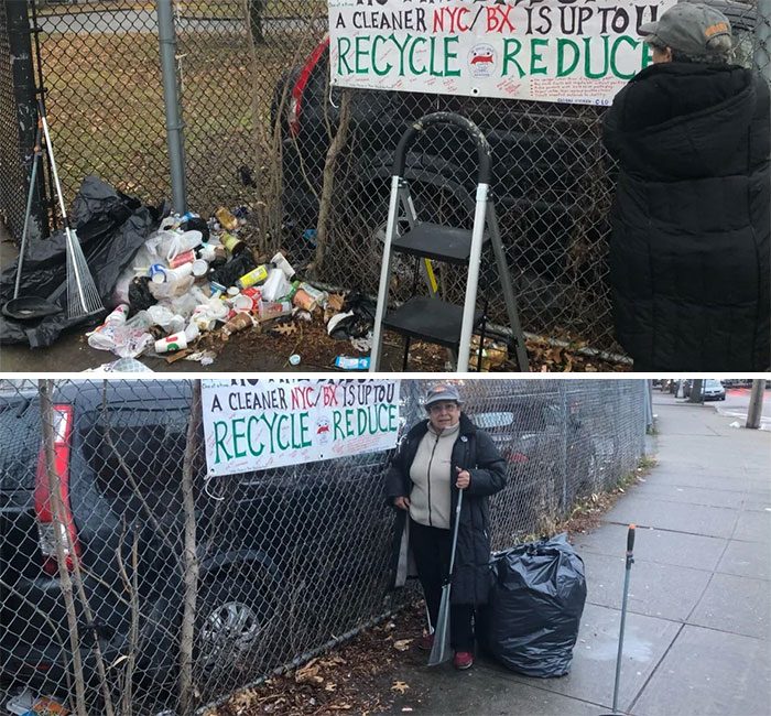 ‘My aunt is a 70 year old retired school teacher and she has been making these signs and going around cleaning up our neighborhood in the Bronx for a few months now #Trashtag.’