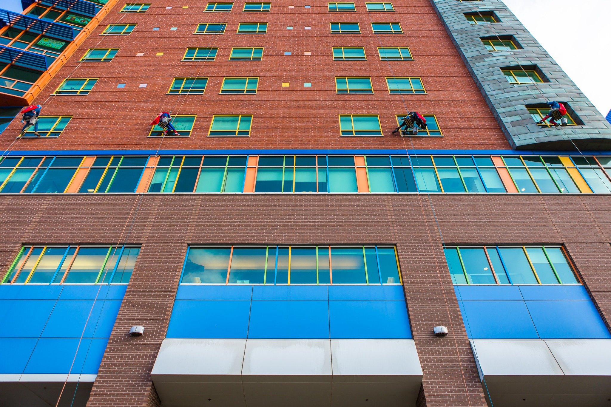 Prolonged hospital stays must seem like an eternity to young children, so the prospect of seeing Superheroes right outside their windows, high up in the tall hospital, must surely be exciting and break up the routine.