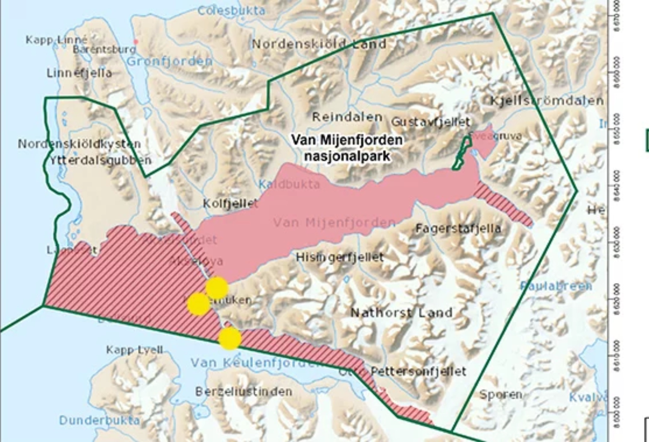 Yel­low dots: new bird sanc­tua­ries. Red area: moto­ri­sed traf­fic on fjord ice restric­ted (see text). Shaded area: total ban on moto­ri­sed traf­fic on fjord ice. Map © Nor­we­gi­an Polar Insti­tu­te / Sys­sel­mes­ter på Sval­bard, modi­fied.