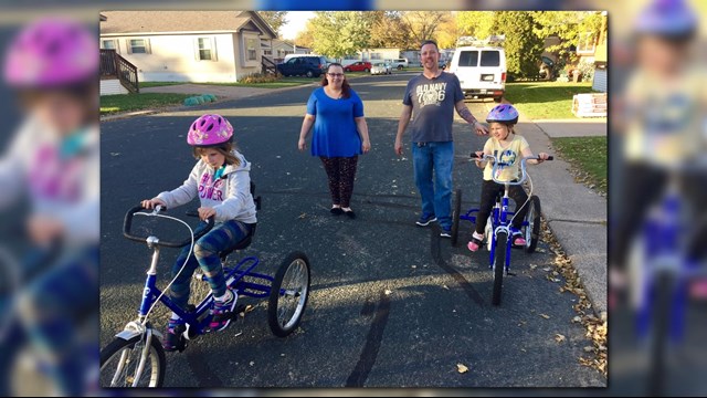 Both Linsey Rippy's daughters, 11-year-old Madison and 8-year-old Sidney, are heart transplant recipients.  Both ride three-wheeled bikes set up by Jack.