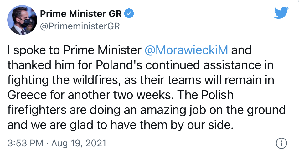“The Polish firefighters are doing an amazing job on the ground and we are glad to have them by our side,” he wrote on Twitter.
