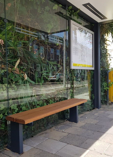 Utrecht’s bus stops are outfitted with efficient LED lights and a bamboo bench.