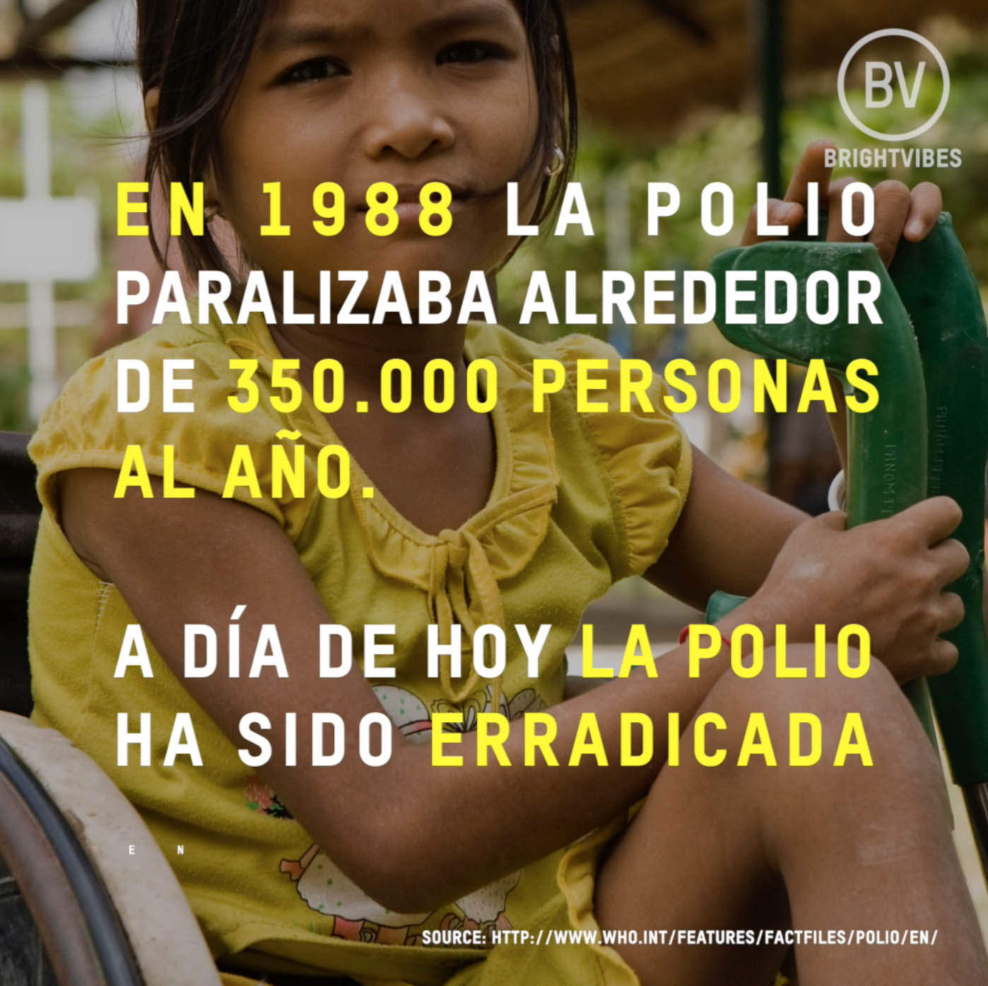 Gracias a los esfuerzos de 20Mil voluntarios más de 3 mil millones de niños han sido vacunados desde hace 28 años. La poliomielitis, en su momento, fue una enfermedad temida en todo el mundo, golpeando de repente y paralizando principalmente a los niños para toda la vida. Gracias a la Iniciativa Mundial para la Erradicación de la Poliomielitis, la mayor asociación público-privada para la salud, la polio se ha reducido en un 99%. La meta de la Iniciativa es llegar a todos los niños con la vacuna contra la poliomielitis y asegurar un mundo libre de polio para las generaciones futuras.