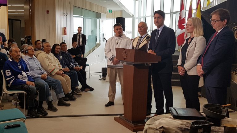 Prime Minister Justin Trudeau, Nunavut Premier Joe Savikataaq and Qikiqtani Inuit Association President P.J. Akeeagok signed off on the Inuit impact and benefit agreement for the Tallurutiup Imanga National Marine Conservation Area on Aug. 1, during Trudeau’s visit to Iqaluit.