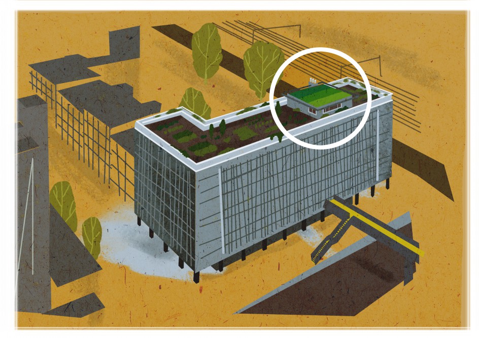 In addition to a testsite for this new form of waterstorage the Smartroof will also provide the rooftopfarm of the water needed.