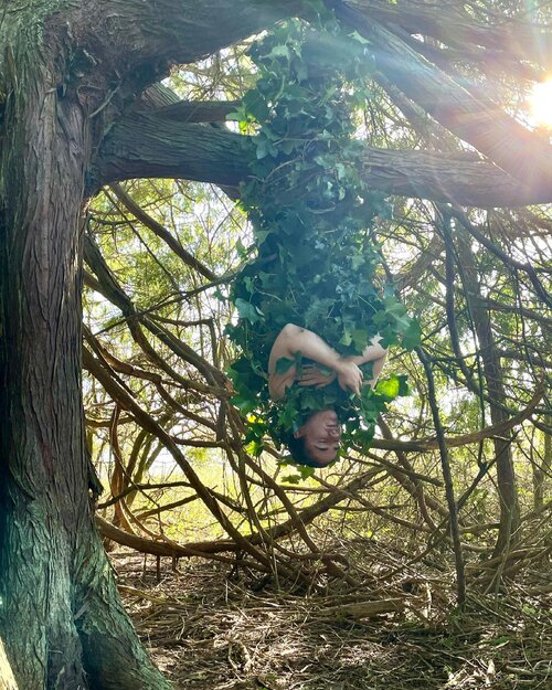 “Sadie in Ivy” is another piece that impatiently waited for several years to be made, as it took me that long to find a model who was willing to hang upside down with 20 pounds of ivy attached to her. Sadie is a professional aerialist who performs and teaches throughout the Pacific Northwest and has prodigious acrobatic skill, incredible strength, and spends lots of time upside down.