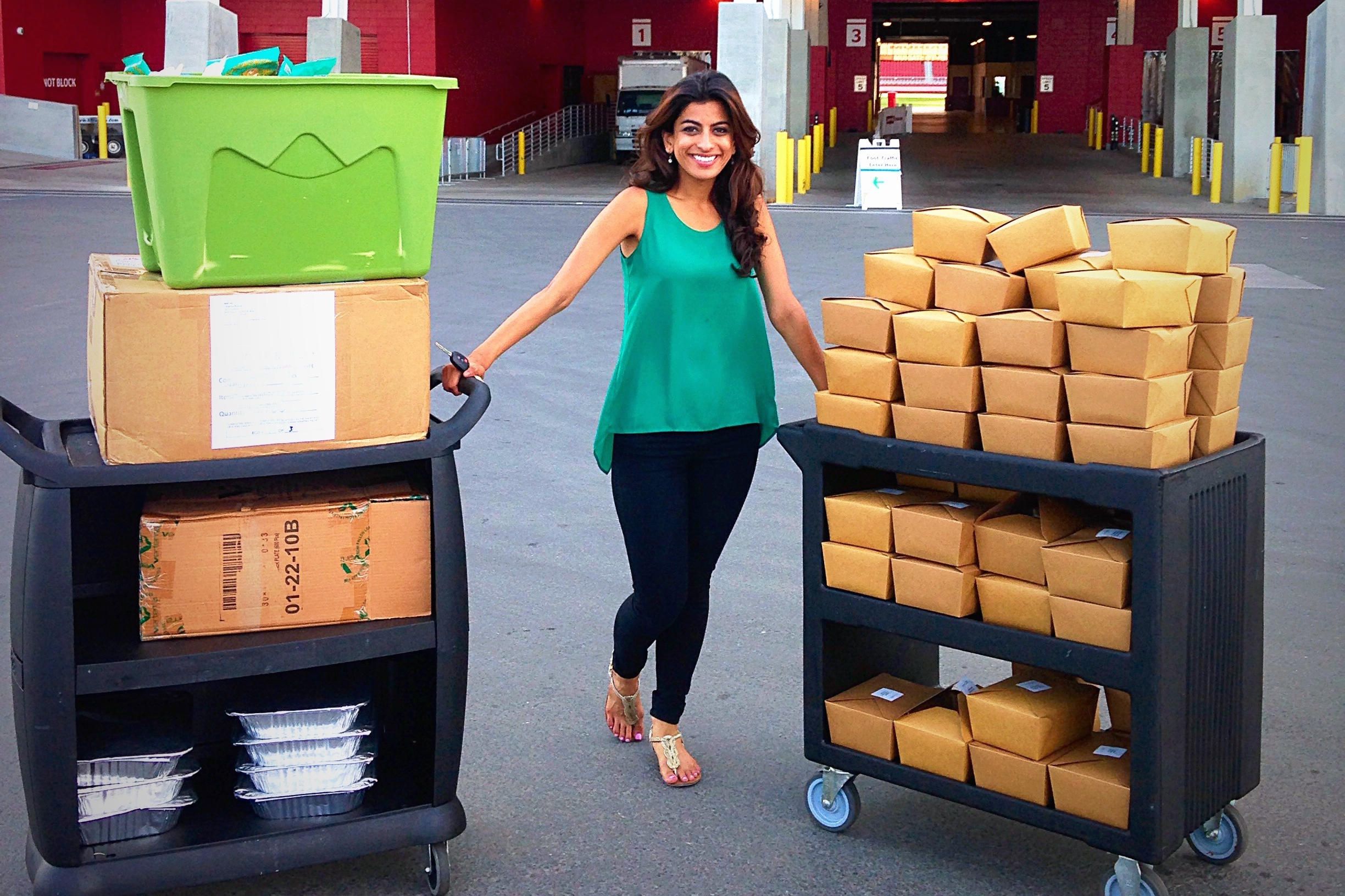 Feed Forward founder Komal with some of the food that would go to waste, had it not been for her app.