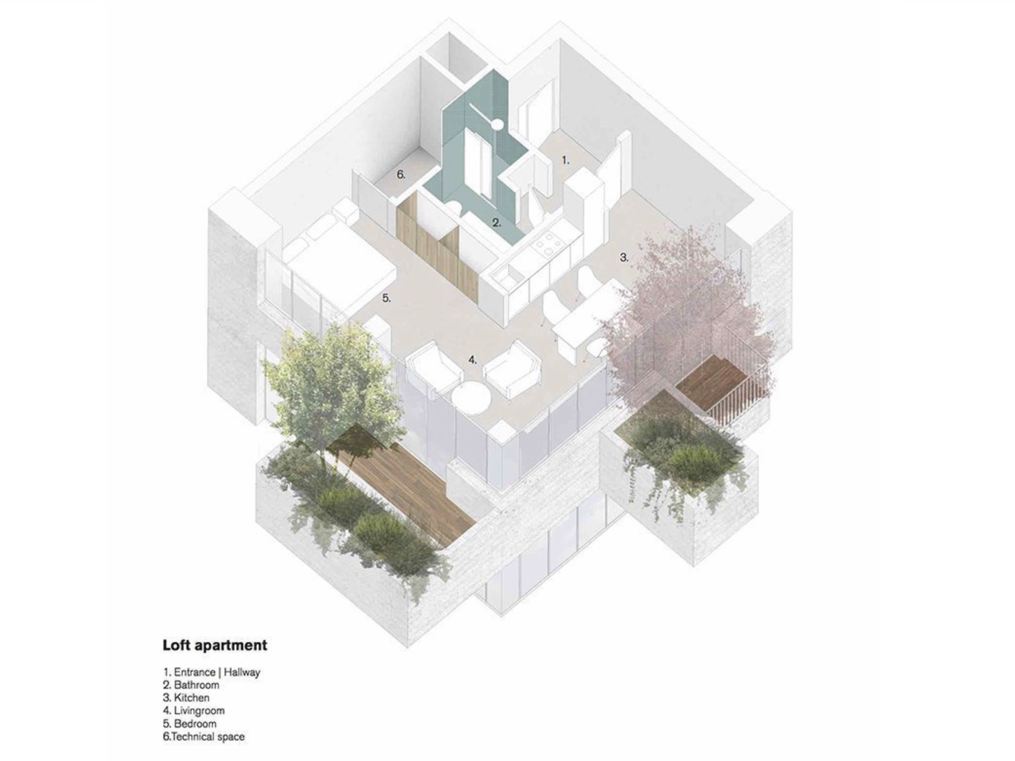 However, each apartment still has the spatial extension offered by terraces of more than 4 square metres and the natural micro-environment created by the presence on each balcony of 1 tree and 20 bushes.