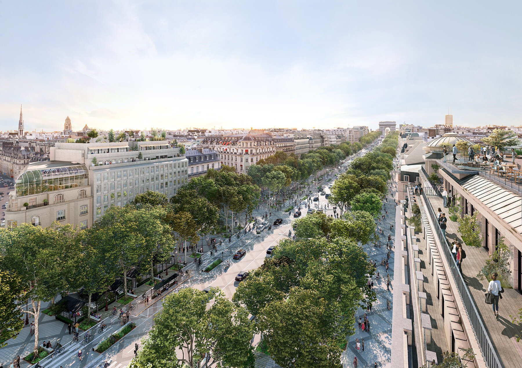 For instance, recovering soil permeability wherever possible, creating planted ‘lounges’, bioswales, and buffer strips to increase water infiltration and the construction of retention basins where the former ditches of Place de la Concorde lied will filter pollutants and harvest rainwater.