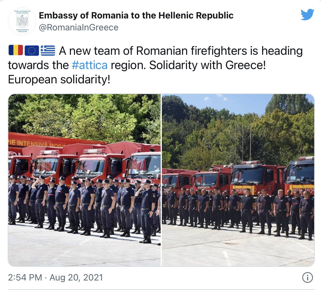 El ministro de Protección Ciudadana, Michalis Chrysochoidis, dijo el jueves que Rumanía se había ofrecido a enviar de nuevo bomberos con vehículos, después de que los más de 100 que habían estado operando en Grecia a principios de este mes volvieran a casa. Grecia ha aceptado la oferta 