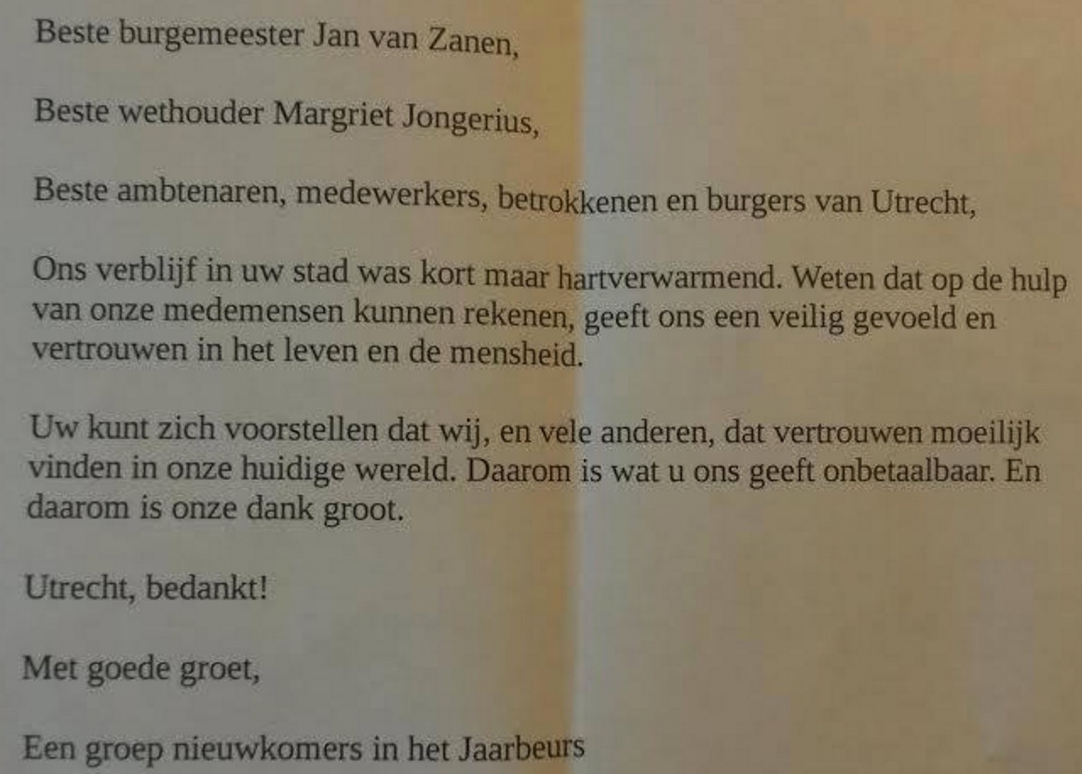 Deze brief aan de burgemeester van Utrecht is geschreven door de mannen die in het AZC Utrecht hebben gezeten